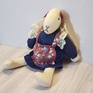 Vtg 90s White Bunny Plush Long Ear Rabbit Pokadot  Dress apron  ANCO Cottagecore